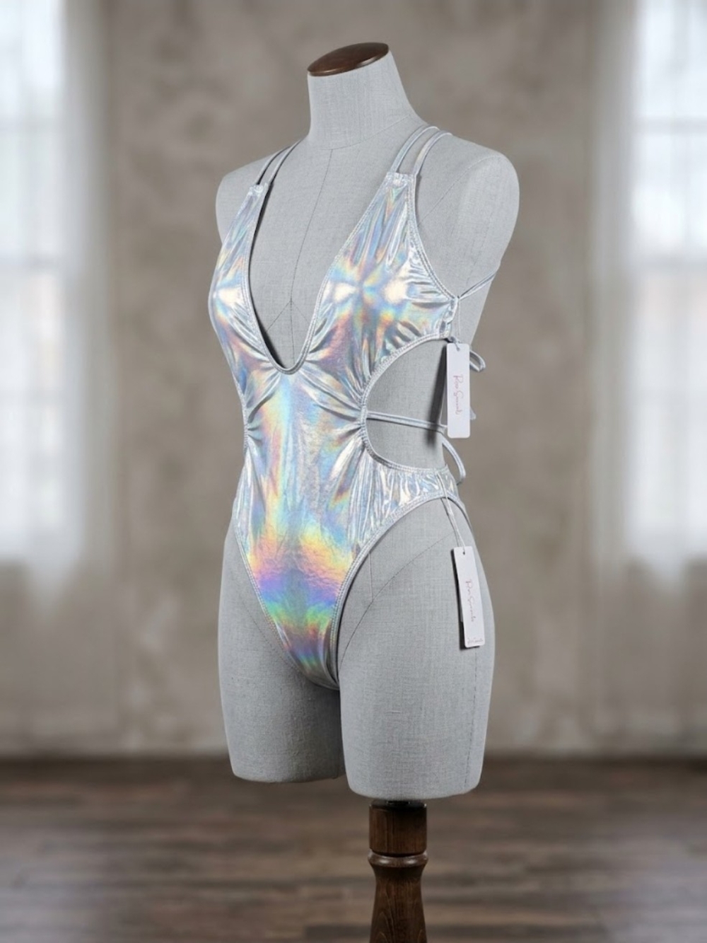 NWT Rose Swimsuits Holographic Metallic Cutout One Piece Swimsuit Medium